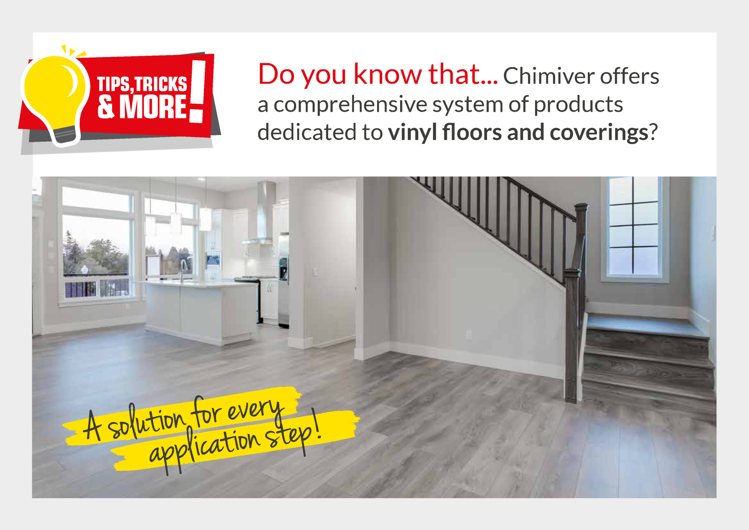 Floors and coverings in LVT, SPC, PVC, Linoleum: discover Chimiver’s dedicated range of self-leveling compounds, primers, lacquers, and detergents