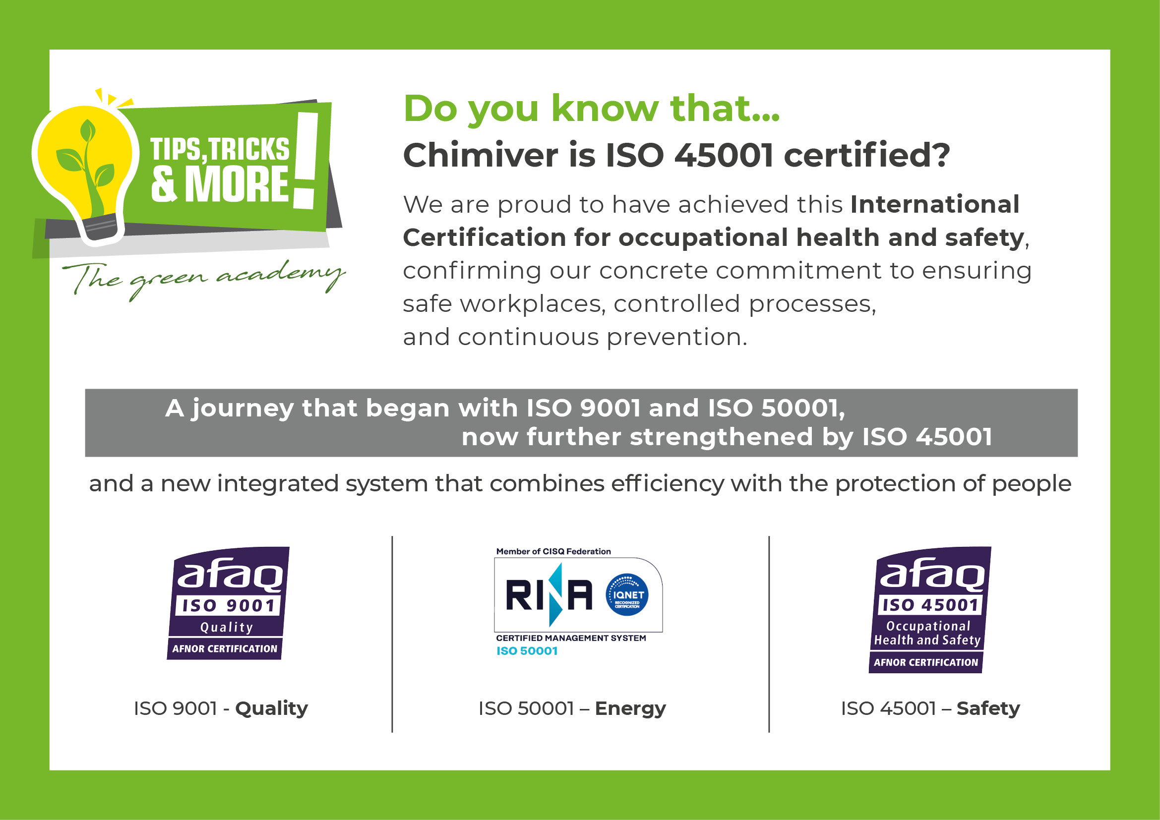 Chimiver Achieves ISO 45001 Certification: Workplace Health and Safety First